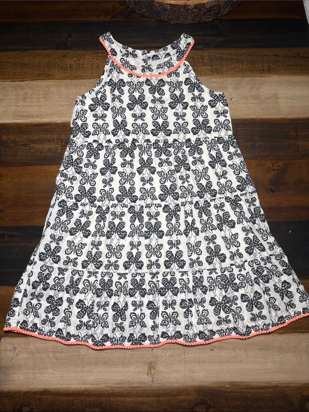 Place Girls' Black & White Butterfly Print Dress with Coral Trim